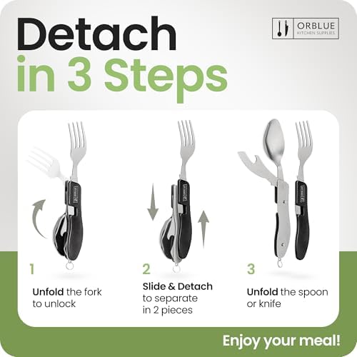 Orblue 4-in-1 Camping Eating Utensils, 2-Pack - Portable Spoon, Fork, Knife & Bottle Opener Combo Set - Stainless Steel Flatware with Detachable Fork - Travel, Backpacking Cutlery Multitool, Black - Image 3