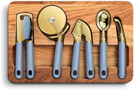 COOK WITH COLOR 6-Piece Kitchen Tool Set with Acacia Wood Cutting Board, Can Opener, Pizza Cutter & Prep Essentials, Blue by CookwithColor