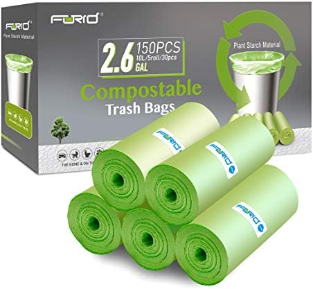 FORID 2.6 Gallon Compostable Garbage Bags, 150 Count, 5 Rolls – Green, Small, Durable, Thick, Unscented Trash Bags, 10 Liter - For Kitchen, Bathroom, Home, Office by FORID