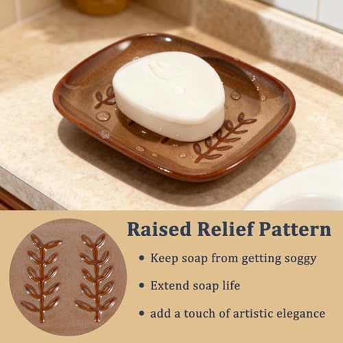 HighHerz Aesthetic Ceramic Soap Dish for Shower, Soap Holder with Raised Relief, Shower Soap Dish for Shampoo Bar Or Sponge, Soap Saver for Bathroom, Kitchen, Sink, Decorative Soap Tray (Brown) - Image 3