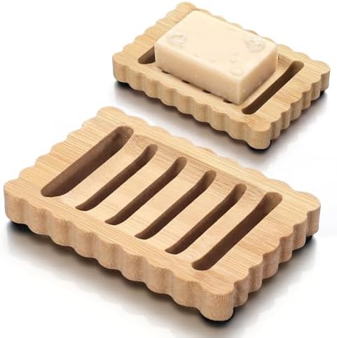 Jinei 2 Pcs Scalloped Wood Soap Dish Bulk 4.92 x 3.35 x 0.59 Inch Bamboo Bar Soap Holder with Self Draining Non-Slip Point Design Sponge Saver for Shower Bathroom Kitchen by Jinei