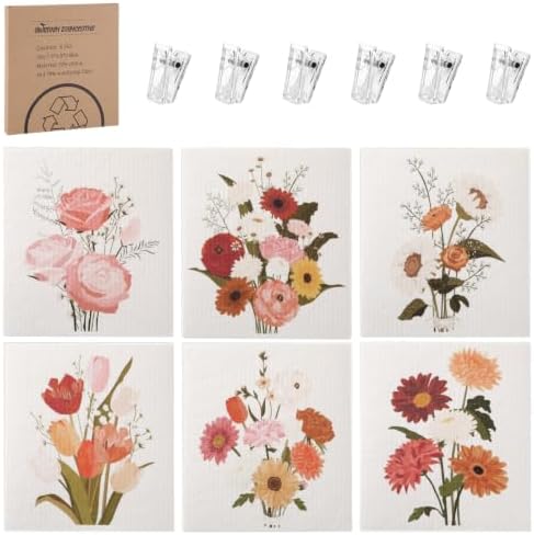 6 Pack Floral Swedish Dishcloths for Kitchen, Absorbent Dish Cloths by Needbrock