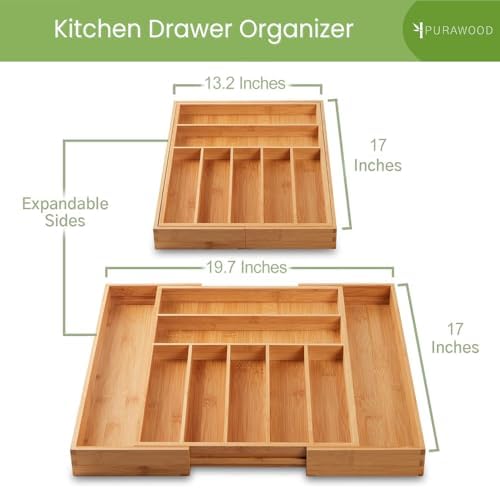 Purawood Bamboo Drawer Organizer - Expandable Silverware Organizer & Utensil Drawer Organizer, Cutlery Tray with Dividers, 7-9 Slots- Kitchen Organizer for Utensils & Flatware (Natural) - Image 3