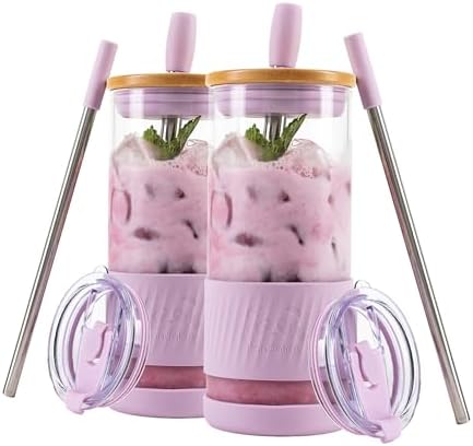 Pandaloo® Glass Cups With Lids and Straws -20 Fl Oz- Perfect Size Iced Coffee Cup - Smoothie Cup With Bamboo Lid and On the go Lid - Glass Tumbler (2 Count (Pack of 1), Lilac Rhapsody-Lilac Rhapsody) by Pandaloo