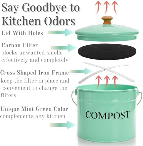 AVLA Kitchen Compost Bin, 1 Gallon Countertop Food Waste Container, Odorless Composter Bucket with Lid and Charcoal Filter, Indoor Metal Composting Pail, Mint Green - Image 3