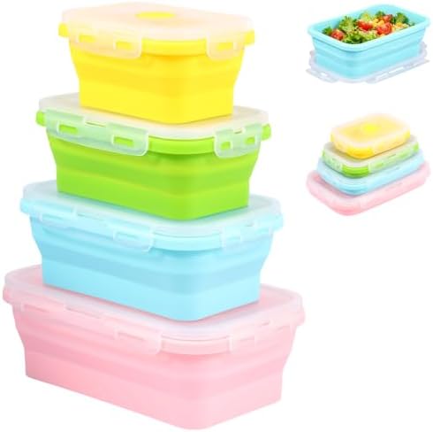 4Pcs Collapsible Silicone Food Container with Lid Heat Resistant Foldable Food Storage Containers Microwave Dishwasher and Freezer Safe 350/500/800/1200 ml for Kitchen Picnic Travel(Multicolor) by Muyoka