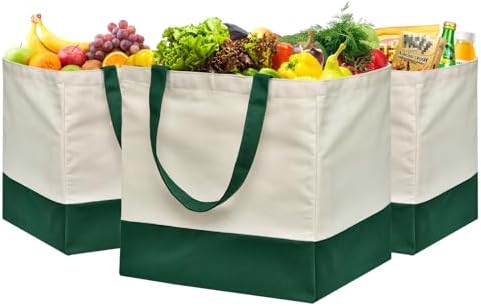 3 Pcs Reusable Grocery Bags - Heavy Duty Canvas Bag, 8.3 gal Foldable Large Canvas Tote Bag with Handles, Holds 60 lbs Tote Shopping Bags,100% Cotton（Retro Green） by CNaiyunpin