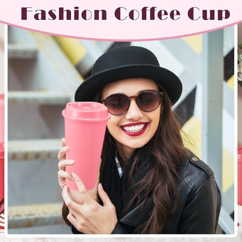 FillTouch 12 Pcs 16 oz Reusable Coffee Cups with Lids, Pink Gradient - Image 5
