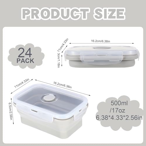 Hushee 24 Pcs Silicone Collapsible Food Storage Containers 17 oz Collapsible Snack Containers with Lid Vent Airtight Meal Prep Bento Lunch Box, Microwave Dishwasher Safe(Gray) - Image 2