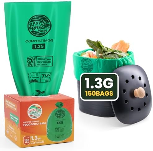 Compost Bags 1.3 Gallon,150 Count,Compostable Small Trash Bags for Kitchen Countertop Compost Bin 0.75, 1,1.2, 1.3Gallon,ASTM D6400, US BPI and Europe OK compost HOME certified by RAYTID