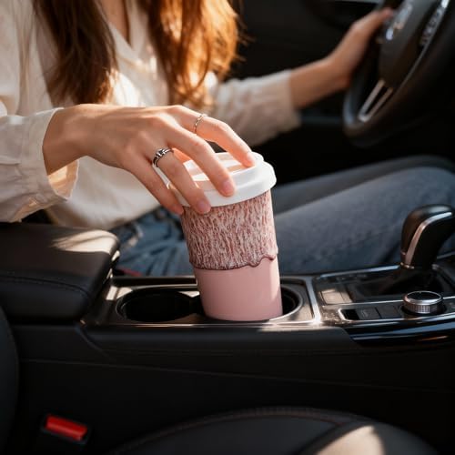 Ceramic Travel Mug with Lid 12 oz Cute Aesthetic Coffee Cup for Women, Stylish Reusable Travel Mug, Microwave & Dishwasher Safe, Fits Car Cup Holder (Icy Pink) - Image 4
