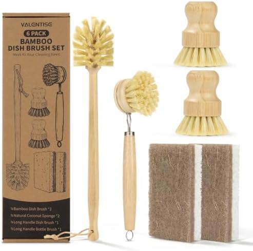 6 Pack Bamboo Dish Brush Set, Natural Dish Brush with Long Handle Bottle Brush, Wooden Dish Brush Set for Cleaning Dishes, Bottles, Pans and Vegetables by VALENTISE