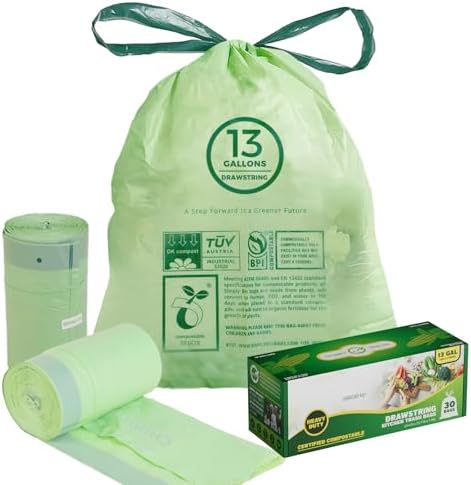 13 Gallon Compostable Trash Bags with Drawstring, Heavy Duty Extra Thick 1 Mil, 49.21 Liter, 30 Bags, Tall Kitchen Food Scrap Waste Bag, ASTM D6400, US BPI and OK Compost Home Certified by Lokingrise