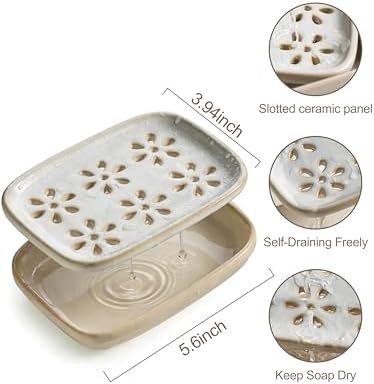Miamolo Soap Dish for Shower with Drainage, Double Layer Bar Soap Holder, Ceramic Soap Saver Sponge Holder for Bathroom, Tub and Kitchen Sink, Slotted Draining Soap Dishes Extend Soap Life, Beige - Image 4