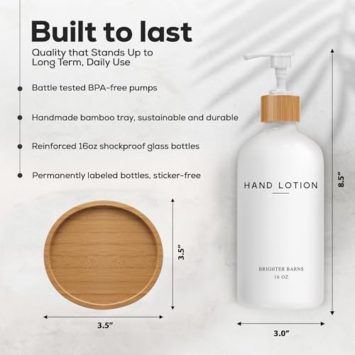 White Glass Lotion Dispenser with Pump Bathroom Set by Brighter Barns - Hand Lotion Dispenser with Tray - Modern Bathroom Decor - Boho Bedroom Decor for Housewarming Gift, Airbnb, Hotel (White) - Image 3