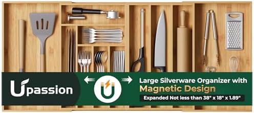 Large Silverware Organizer, 11 Slots Magnetic Connected Expandable Acacia Wood Utensil Drawer Organizer From 21 to 37.4 Inches, Adjustable Flatware and Cutlery Holder, Utensil Tray for Kitchen by Upassion