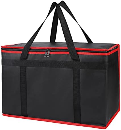 Bodaon Insulated Food Delivery Bag, XX-Large Reusable Grocery Shopping Bags, Picnic Cooler Bag Zipper/Zippered Top Cold, Black with Red Edge, 1-Pack by Bodaon