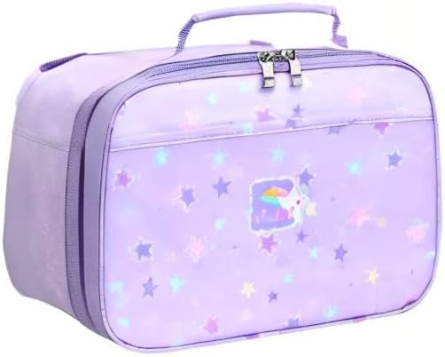 Lunch Box Kids, 11" L x 7" W x 3.5" H, Waterproof Reusable Insulated Lunch Bag for Girls, Cooler Bento Boxes Containers & Snacks for Elementary School Travel (Star Purple)