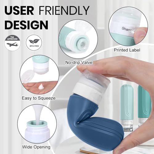 Travel Bottles for Toiletries 8 Pack, TSA Approved Travel Size Toiletries Containers Set, 4 Silicone Leak Proof Refillable Bottles and 4 Creams Jars Accessories Kit W/Clear Bag (GREEN) - Image 4