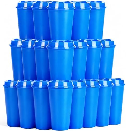 20 Pack Reusable Coffee Cups with Lids 16 oz Plastic Tumblers Travel Mug Iced Coffee Cup for Adults and Women Hot and Cold Drinks, Microwaveable (Blue) by Alohastarttg