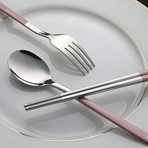 DEVICO Travel Utensils with Case, 4Pcs Portable Silverware Set for Work, 18/8 Stainless Steel Reusable Cutlery, Korean Spoon and Chopsticks Fork for Camping, School, Lunch Box Accessories (Pink) - Image 4