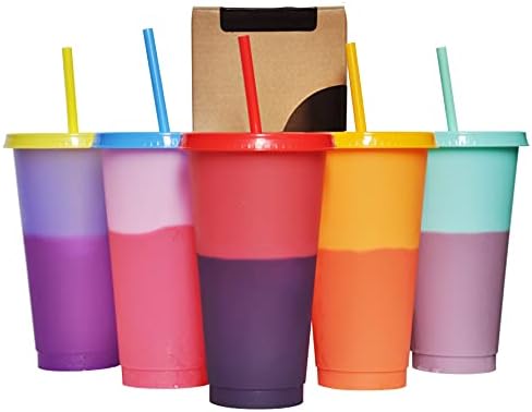 Color Changing Cups, 5 Pack 24oz Plastic Tumblers, Reusable Iced Coffee & Smoothie Cups with Lids and Straws for Parties and Travel (5 Changing, 5 Packs) by Alohastarttg