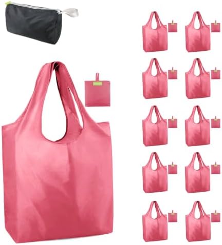 BeeGreen Pink Reusable Grocery Bags with Elastic Band Pink Reusable Shopping Bags Bulk 50LBS X-Large Foldable-Machine Washable-Heavy Duty 10 Pieces by BeeGreen