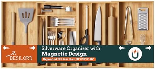 Bamboo Expandable Silverware Drawer Organizer, 11 Slots Utensil Holder by Besilord