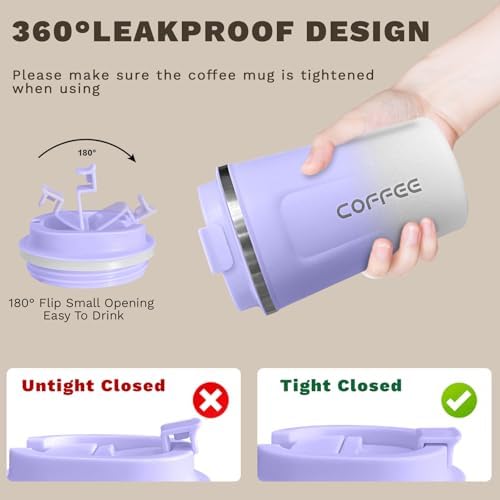 SPLMIFA Travel Coffee Mugs Leak-Proof, Reusable Coffee Cup with Lids, Stainless Steel Vacuum Insulated Coffee Tumblers, Thermal Insulation Cup for Men & Women Hot & Cold Drinks(2nd-Purple White, 17OZ) - Image 5