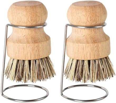 Natural Coconut Fiber Pot Scrubber Brushes with Quick-Dry Stand, Rubberwood Handle for Stubborn Pans & Kitchen Cleaning,2Pcs by MayFancy