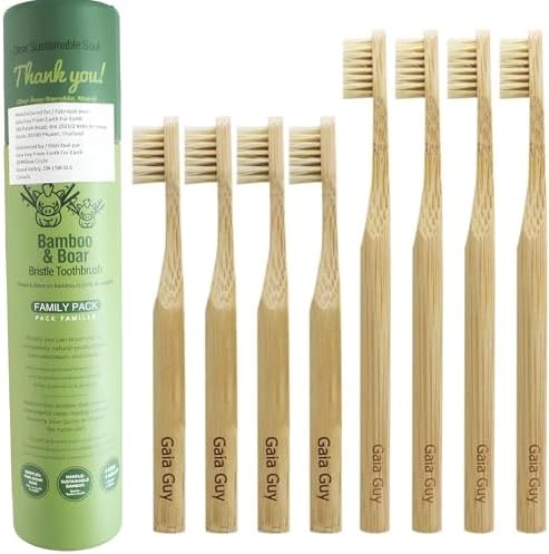 Gaia Guy Natural Bristle Bamboo Toothbrush Family Pack (NO Nylon - Boar Hair ONLY) - Totally Compostable & Biodegradable Boar Bristle and Bamboo Toothbrushes - Zero Waste - 4 Kids and 4 Adults by GaiaGuy