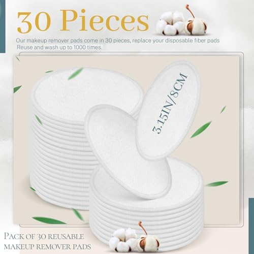 30 Pcs Natural Fiber Round Makeup Remover Pads, Washable Reusable Face Pads Cloth Rounds, Facial Cleansing Pads Wipes for All Skin Types Travel (White) - Image 2