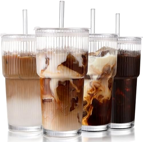 Iced Coffee Cups with Lids: Coffee Bar Accessories - Ribbed Glass Tumbler with Straw and Lid 4Pcs - 20oz Leak Proof Tumbler - Reusable Glass Cups and Tumblers with Lid and Straws for To Go Iced Coffee by DWTSDANWEITESI