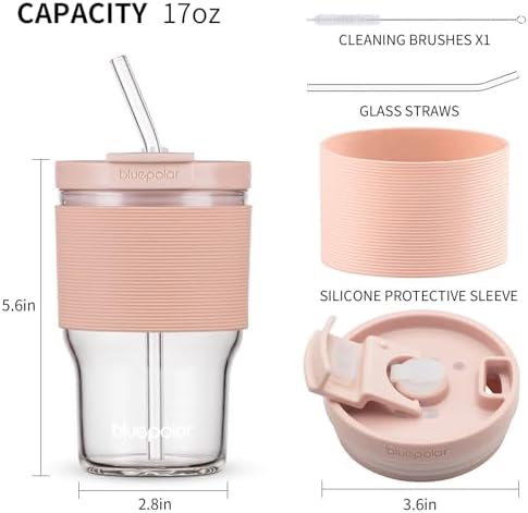 Glass Juice Bottles with Lids and Straws,16oz/480ml Reusable Iced Coffee Glasses,Cold Brew Tumblers with Leakproof Lids,BPA-Free Glass Jars for Juicing,Matcha,Tea,Smoothie (Pink with Sleeve) - Image 2