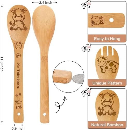 Cow Kitchen Decor Bamboo Wooden Spoons With Utensil Holder- Cow Kitchen Accessories for Cooking-Home Decorations Gifts for Women-Housewarming,Birthday,Easter,Mothers Day Gift（6PCS） - Image 2