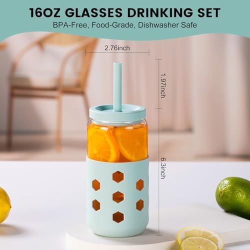 Mrsdry 16 oz Glass Cups with Lids and Straws for Gift, 4-Pack, Grey - Image 6
