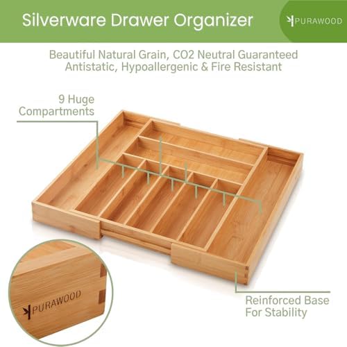 Purawood Bamboo Drawer Organizer, 2 Pack - Expandable Silverware Organizer & Utensil Organizer, Cutlery Tray with Dividers, 7-9 Slots- Premium Kitchen Organizer for Utensils & Flatware (Natural) - Image 3