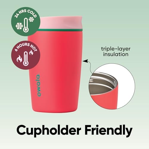 Owala SmoothSip Slider Insulated Stainless Steel Coffee Tumbler, Reusable Iced Coffee Cup, Hot Coffee Travel Mug, BPA Free 12 oz, Pink/Red (Strawberry Fields) - Image 4
