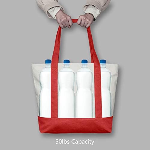 TOPDesign 6-Pack Canvas Tote Bags with an External Pocket, Reusable Grocery Shopping Bags, Top Zipper Closure, Daily Essentials (Red/Natural) - Image 6