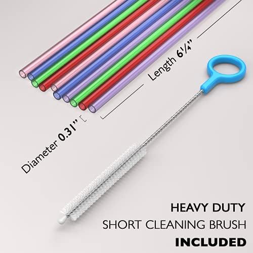 Fiesta First 10 Short Straws Reusable Hard Plastic, Medium Width + Sturdy Cleaning Brush - for Small Cups, Kids Drinks - Dishwasher Safe BPA Free - Image 2