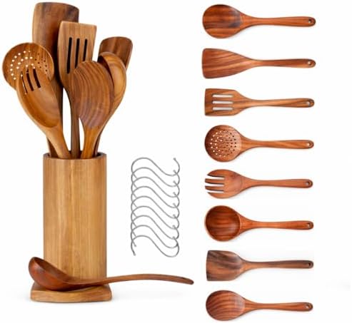 10-Piece Wooden Utensil Set with Holder, Spoon Rest & Hooks – Durable Non Toxic Cooking Utensils - Wooden Spoons for Cooking, Ideal Kitchen Utensil Set for Cooking Enthusiasts & House Warming by MAJURI