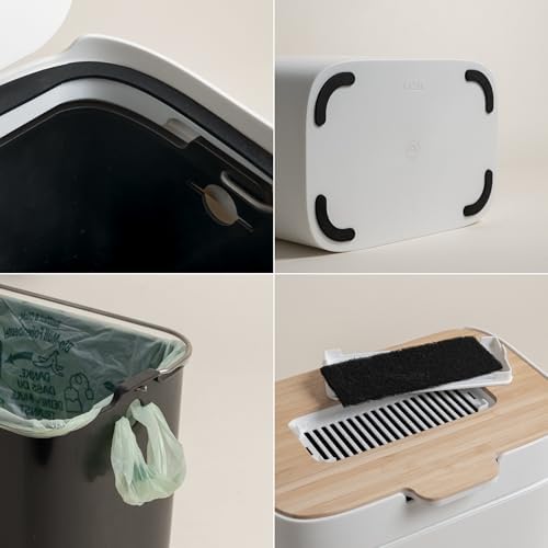 KAZAI. Compost Bin Kitchen 'Elin' | 1.2 GAL / 4.5L Countertop Compost Bin with Wooden Lid & Filter | Odor-Free, Dishwasher Safe, with Inner Bucket | Small Indoor Kitchen Composter | Off-White/Bamboo - Image 6