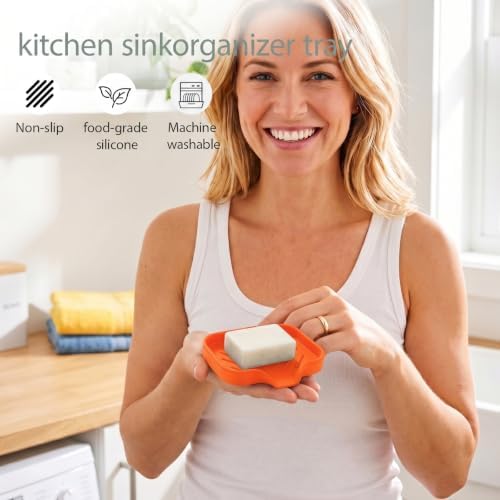 MicoYang Silicone Soap Dish with Drain Spout, Self-Draining Sink Organizer Tray for Bathroom and Kitchen, Sponges, Dispensers and Soap Holder, Non-Slip and Dishwasher Safe, Orange (Compact, 4.9"×3.2") - Image 5