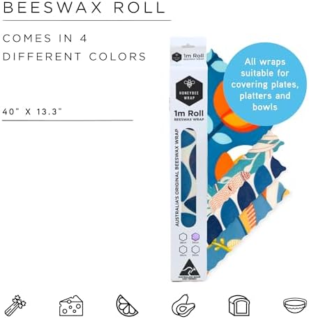 Honeybee Beeswax Wraps - Blue Leaf Pattern Beeswax Roll -Certified Organic Cotton Beeswax Wrap - Reusable Beeswax Wraps for Food - Plastic Wrap & Sandwich Bags Alternative - 40’’ x 13’’ - Image 2