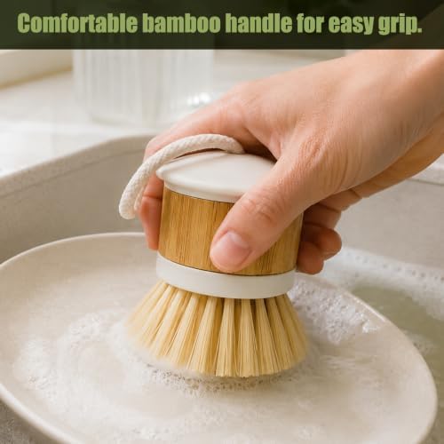 2 Pack Bamboo Handle Dish Brushes, Kitchen Scrub Brush with PET Bristles and Hanging Hole for Pots, Pans and Dishes - Image 4