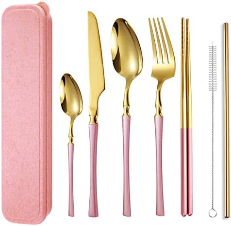 AARAINBOW 7 Pieces Stainless Steel Flatware Set Portable Reusable Cutlery Set Travel Utensils Set Including Chopsticks Knife Fork Spoon Straws Cleaning Brush Dishwasher Safe (B-Pink Golden) by AARAINBOW