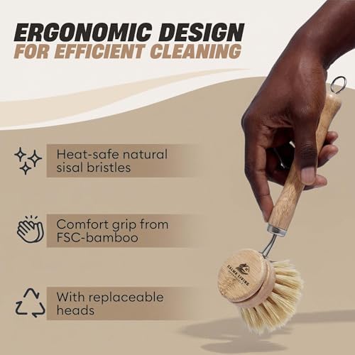 Bamboo Scrub Brush with Handle – Soft Sisal Bristles, Non-Toxic Dish Brush, Compostable & Biodegradable, Bamboo Dish Scrubber for Cookware, Bowls, Plates & Non-Stick Pans - Image 3