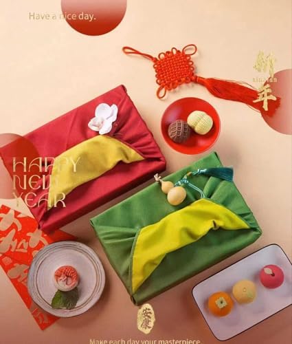 Furoshiki Japanese Wrapping Cloth Eco Gift Wrap Paper Reversible Eco-bag for Christmas birthday Gift Bento Lunch Cake Wine Bottle Box Kimono Cover (Forest Green and Light Yellow, 27.6 x 27.6 inches) - Image 4