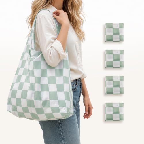 Checkered Reusable Grocery Shopping Bags 4 Packs, Cute Checkerboard Foldable Kitchen Large Nano Tote Bags by Ralxion