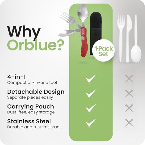 Orblue 4-in-1 Camping Utensils, 1-Pack, Portable Stainless Steel Spoon, Fork, Knife & Bottle Opener Combo Set - Travel, Backpacking Cutlery Multitool, Red - Image 6